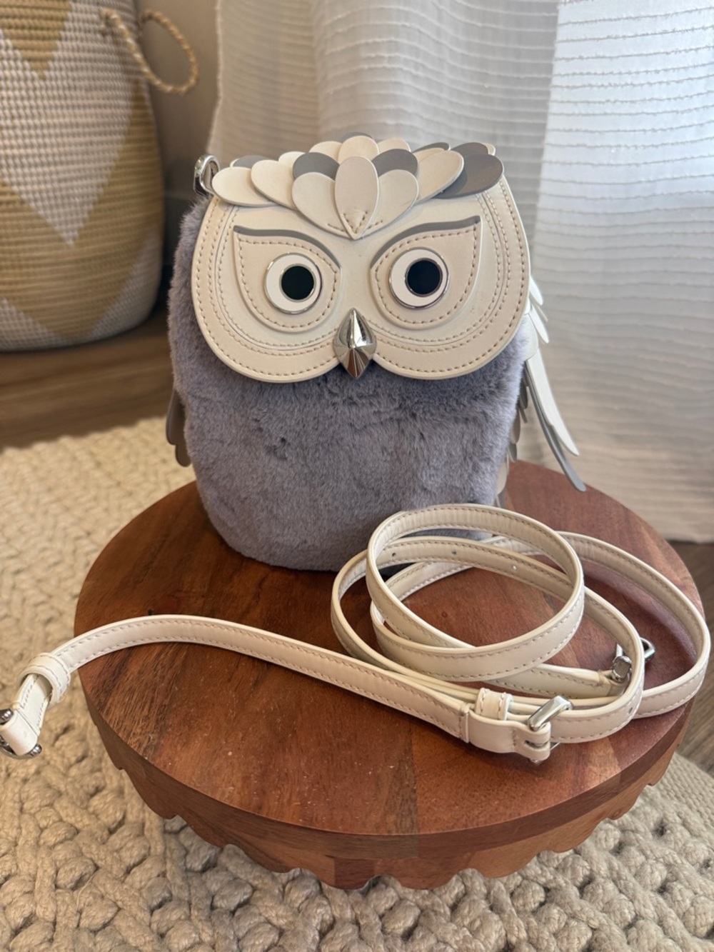 Kate Spade Owl Faux Fur Crossbody Bag Gray Cream Whimsical Novelty Purse NWOT